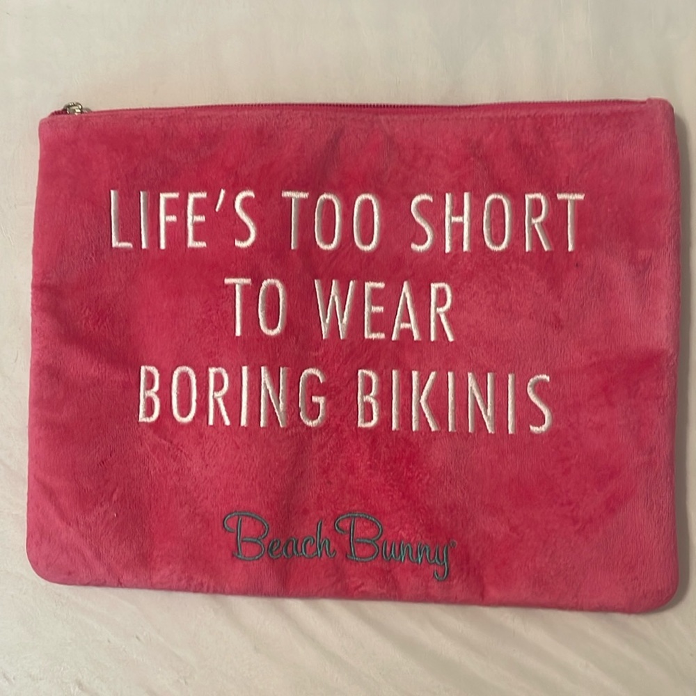 Beach bunny tote cosmetic bag Terry pink life’s too short to wear boring bikinis